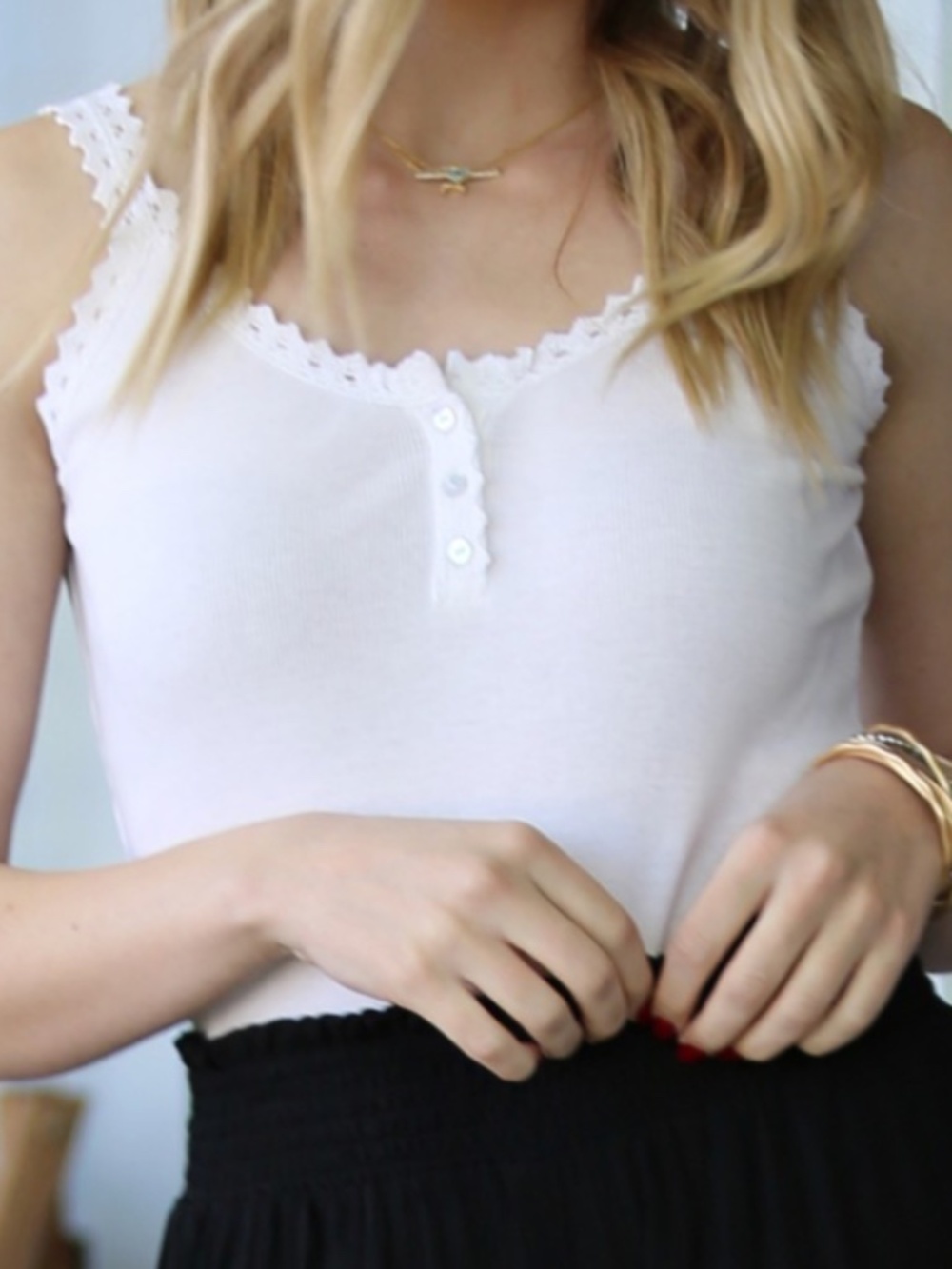 NWT Angie white lace trim rib knit tank with buttons